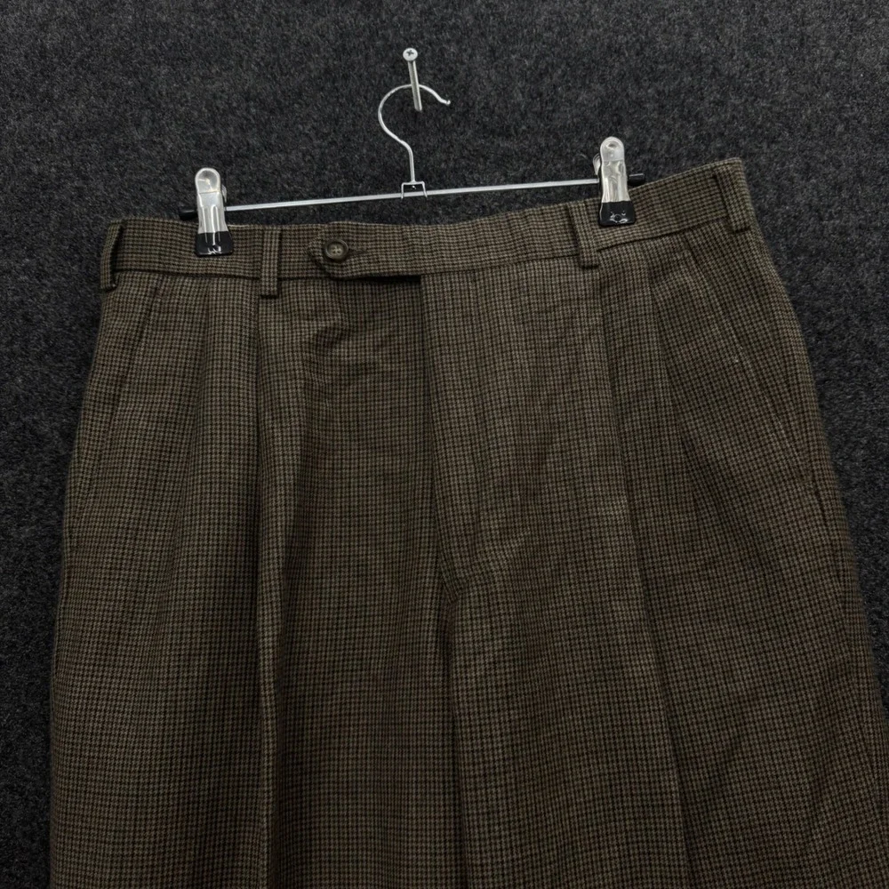 Brooks Brothers Men 34 Brown Houndstooth Wool Cashmere Pleated Cuff Pants Italy
